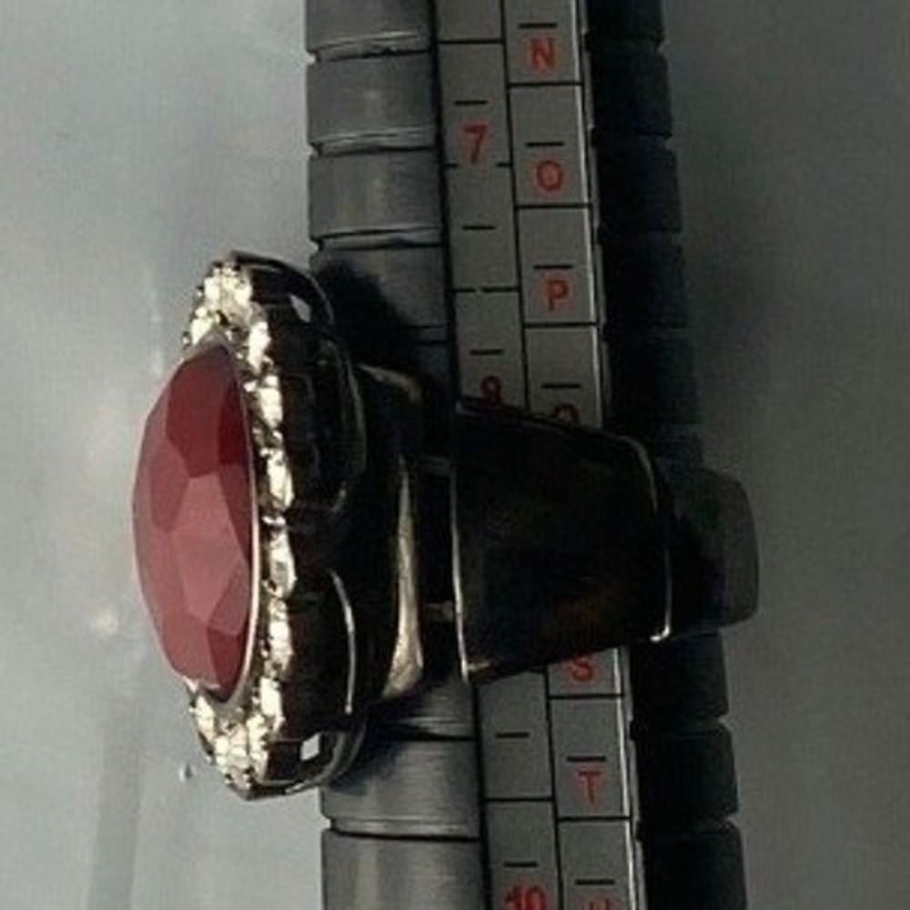 Adjustable Band Ring Red Stone Round Clear Accents Silver Tone Women 8